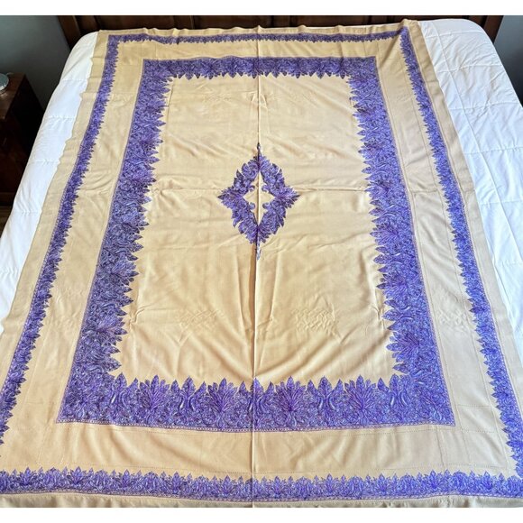 Vintage MCM Embroidered Tablecloth Oversized Purple Ornate Paisley 58" x 79"